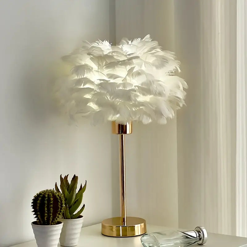 Lampe À Plumes Blanches & Dorées